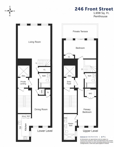 Floor plan for 2 beds, 3 baths, 1698 sqft